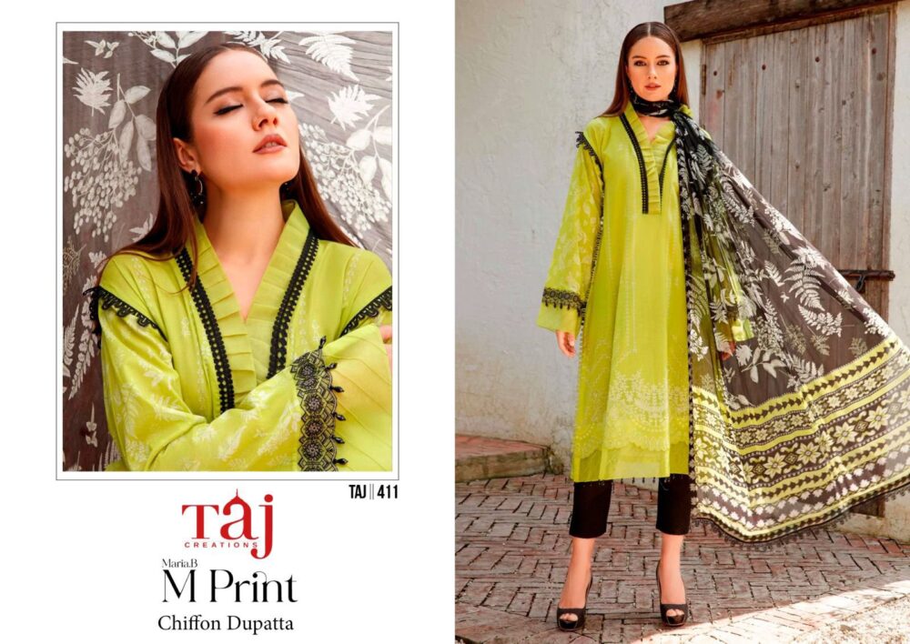 TAJ CREATIONS MARIA B MPRINT D.NO.411 PURE COTTON PAKISTANI SUITS