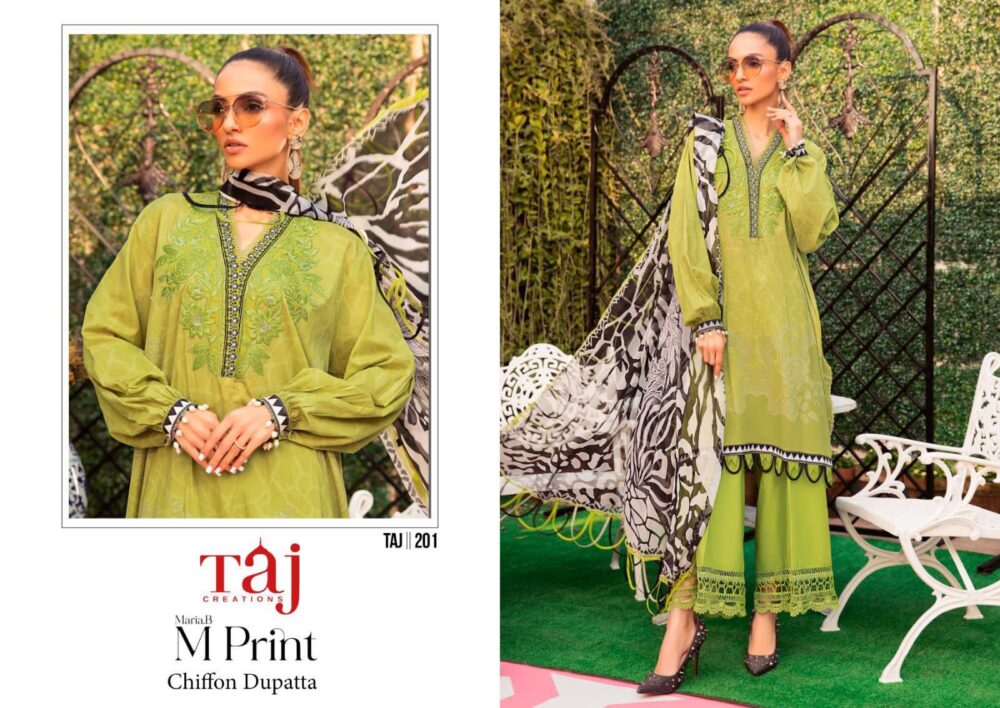 TAJ CREATIONS 201 MARIAB MPRINT PURE COTTON 2 PATCH EMBROIDERY PAKISTANI LAWN SUITS