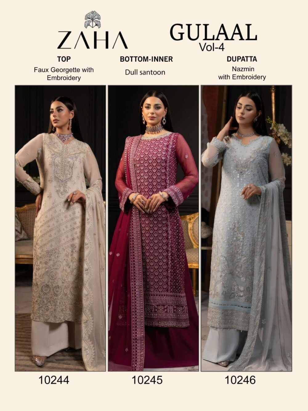 ZAHA GULAAL VOL-4 D.NO.10244 GEORGETTE HEAVY PAKISTANI SUITS - Image 4