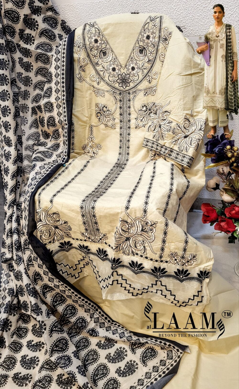 AL LAAM D.NO.7863 PURE COTTON EMBROIDERED PAKISTANI LAWN SUITS ONLINE - Image 2