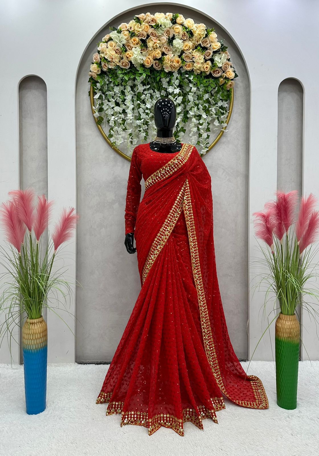 KD 427 FAUX GEORGETTE RED COLOR DESIGNER PARTY WEAR SAREES ONLINE - Image 5
