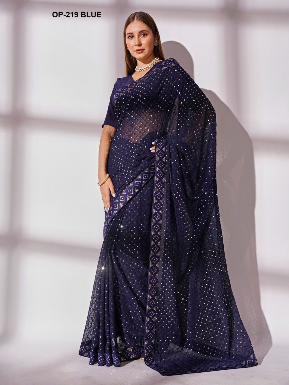 LAXMINAM D.NO. OP-219 BLUE COLOR GEROGETTE DESIGNER PARTY WEAR SAREES ONLINE - Image 2
