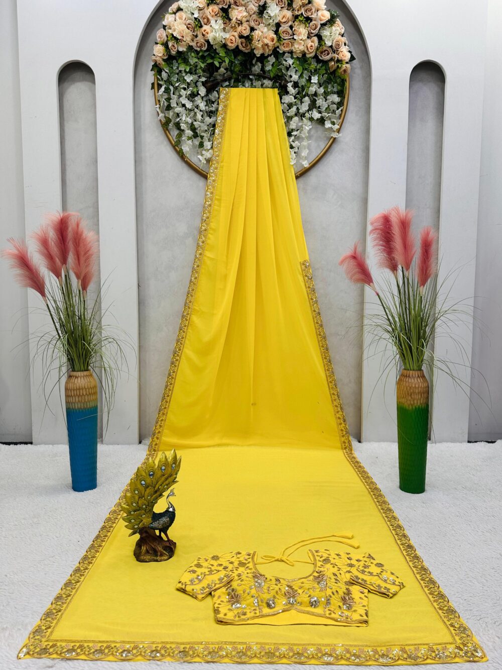 KD 462 YELLOW COLOR FAUX GEORGETTE DESIGNER PARTY WEAR SAREES ONLINE - Image 9